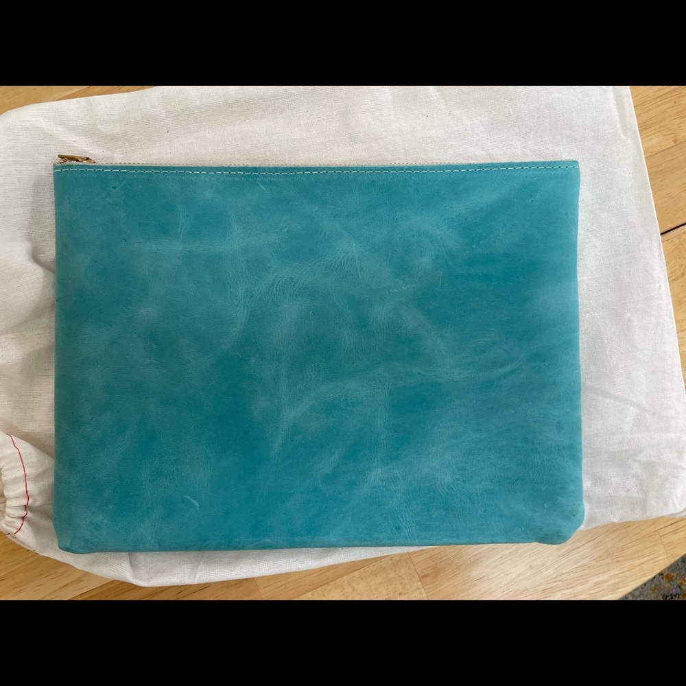 KMM & CO. leather large makeup pouch in Aegean Blue
